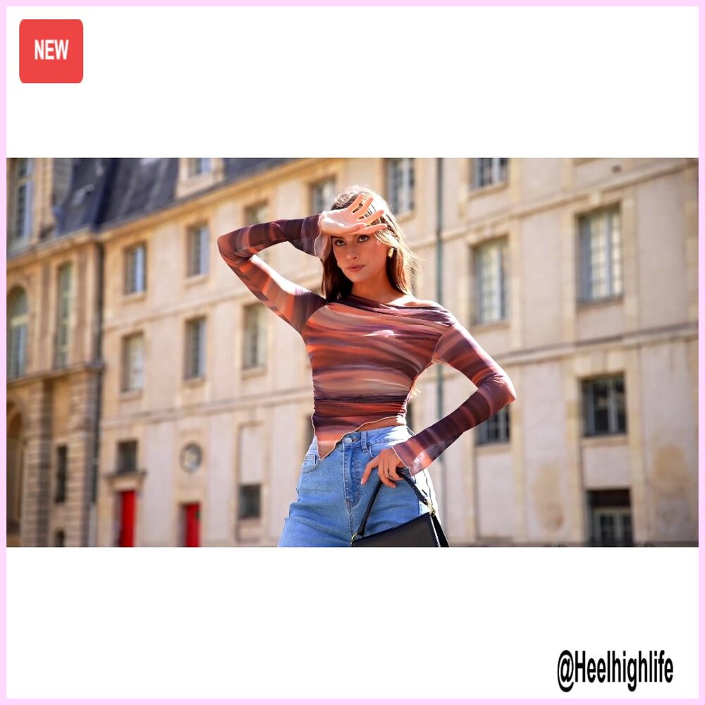 Off Shoulder Mesh Blouse Asymmetrical Ruched Long Sleeve Slim Fit Top - Picture 7 of 7